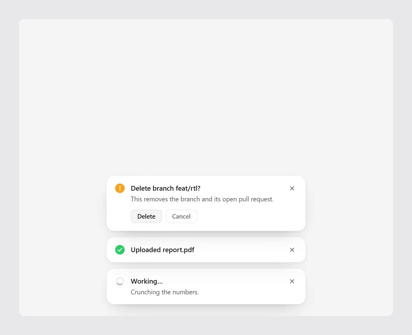 Four states of one card: work with no progress to report, an upload counting up, a promise morphing in place into its result, and a destructive question that waits to be answered