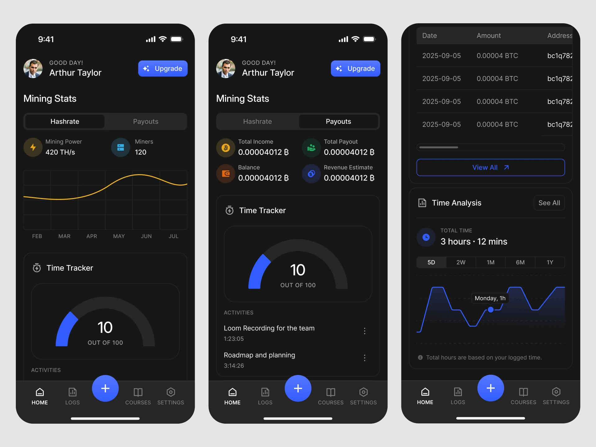 Client portal on mobile: hashrate, payout totals and a payout history table