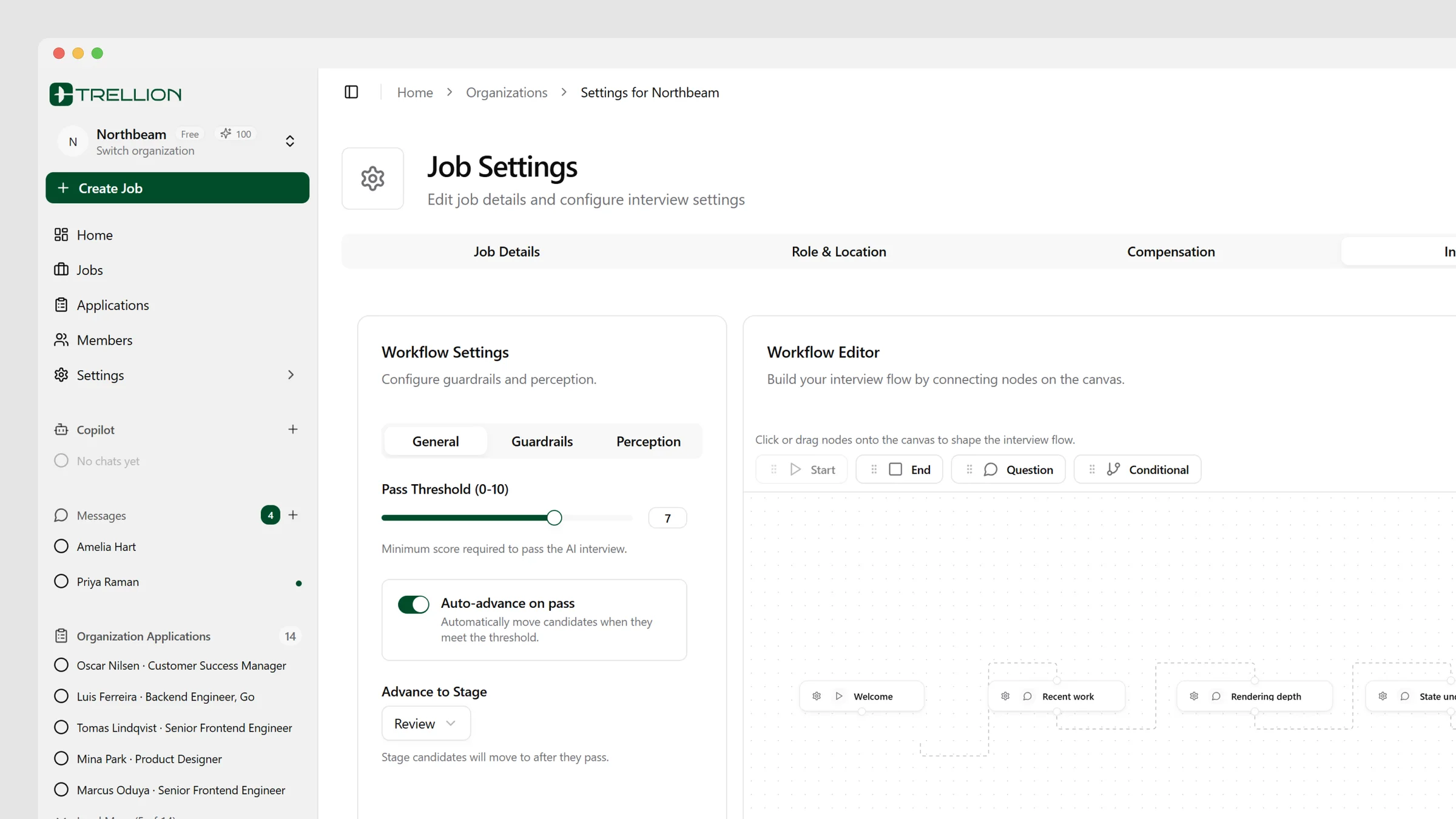 Interview workflow editor: question nodes, a conditional branch and guardrail settings