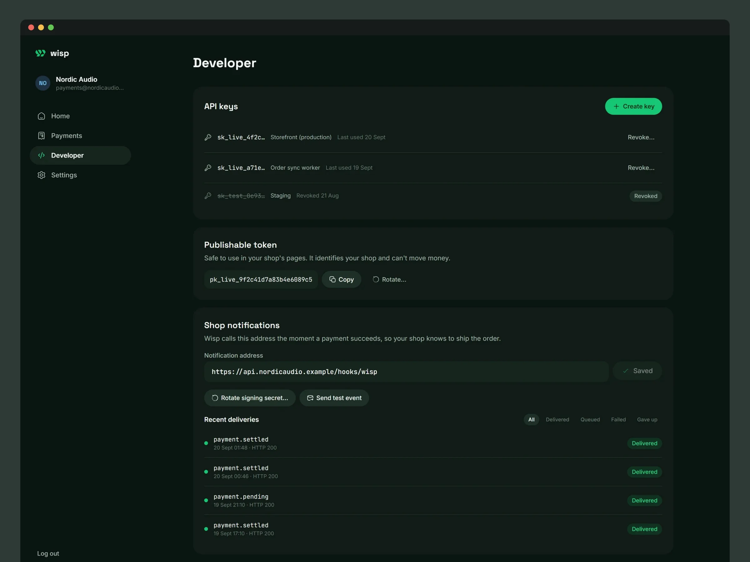 The developer screen: API keys, the publishable token, the notification address and every delivery attempt
