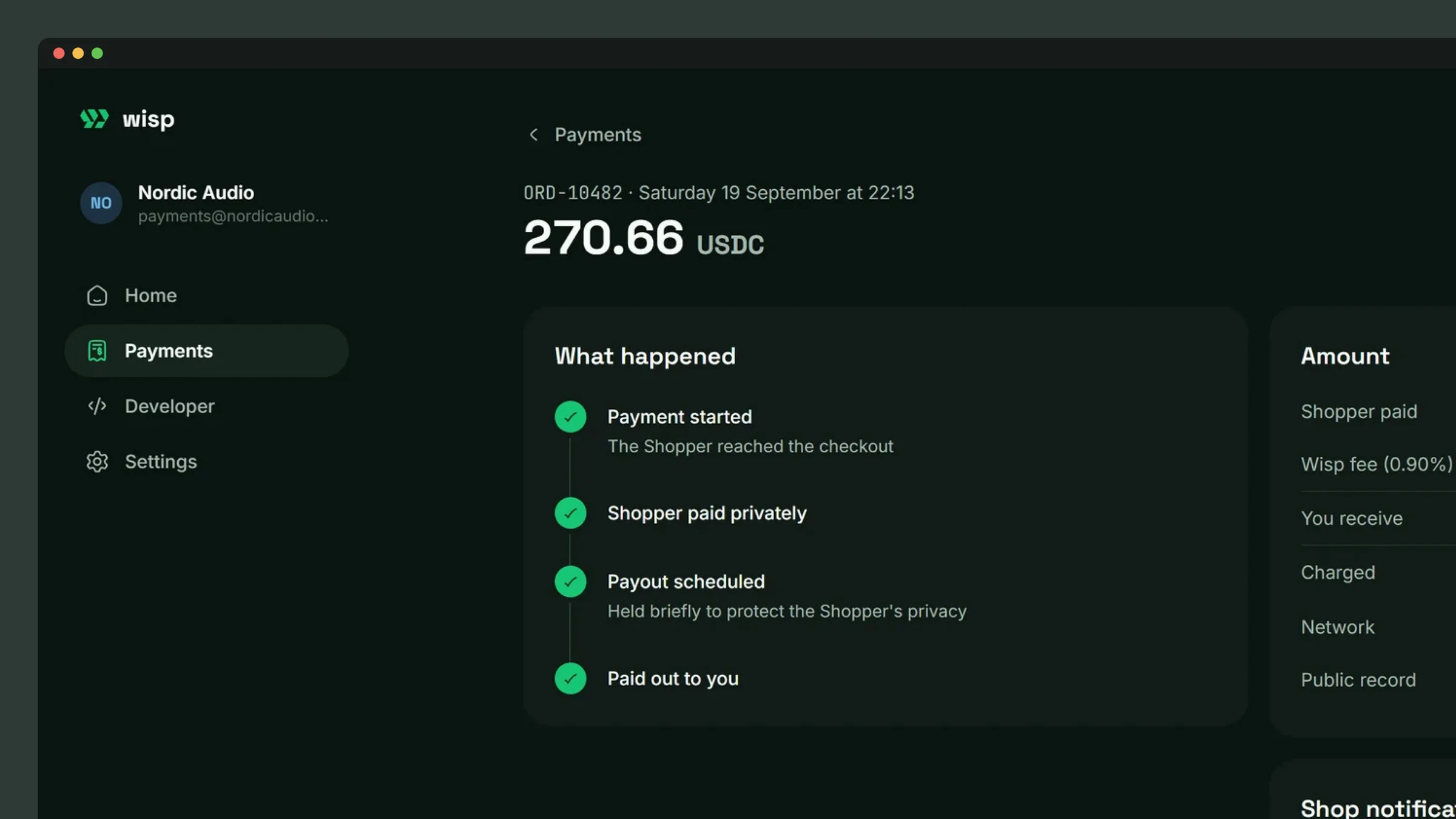 A public payment in the merchant's dashboard, with the on-chain receipt anyone can open