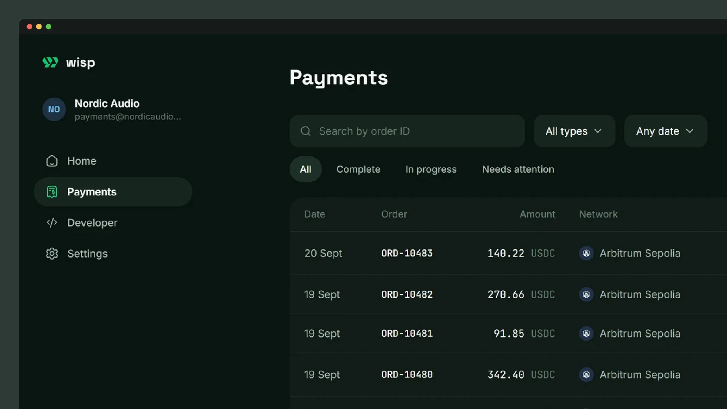 The payments list: every payment with its order, amount and network, filtered by status