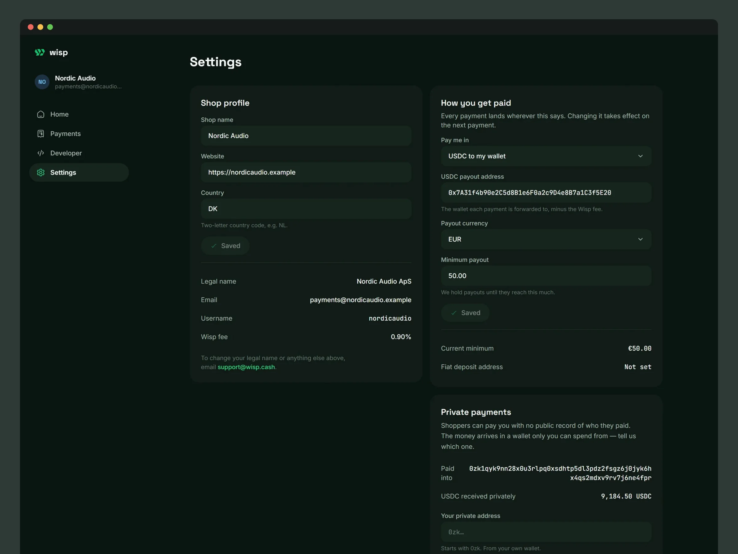 Settings: where a merchant registers the private address payments arrive at, and the viewing key that can only read them