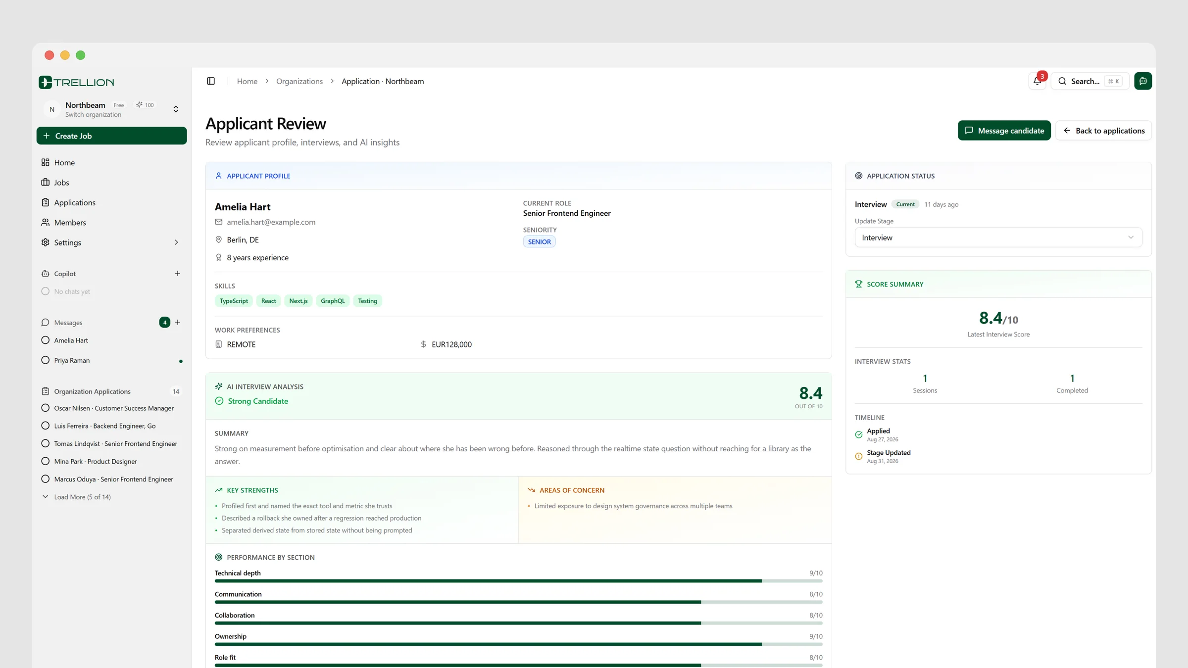 Applicant review screen with profile, AI interview analysis and section scores