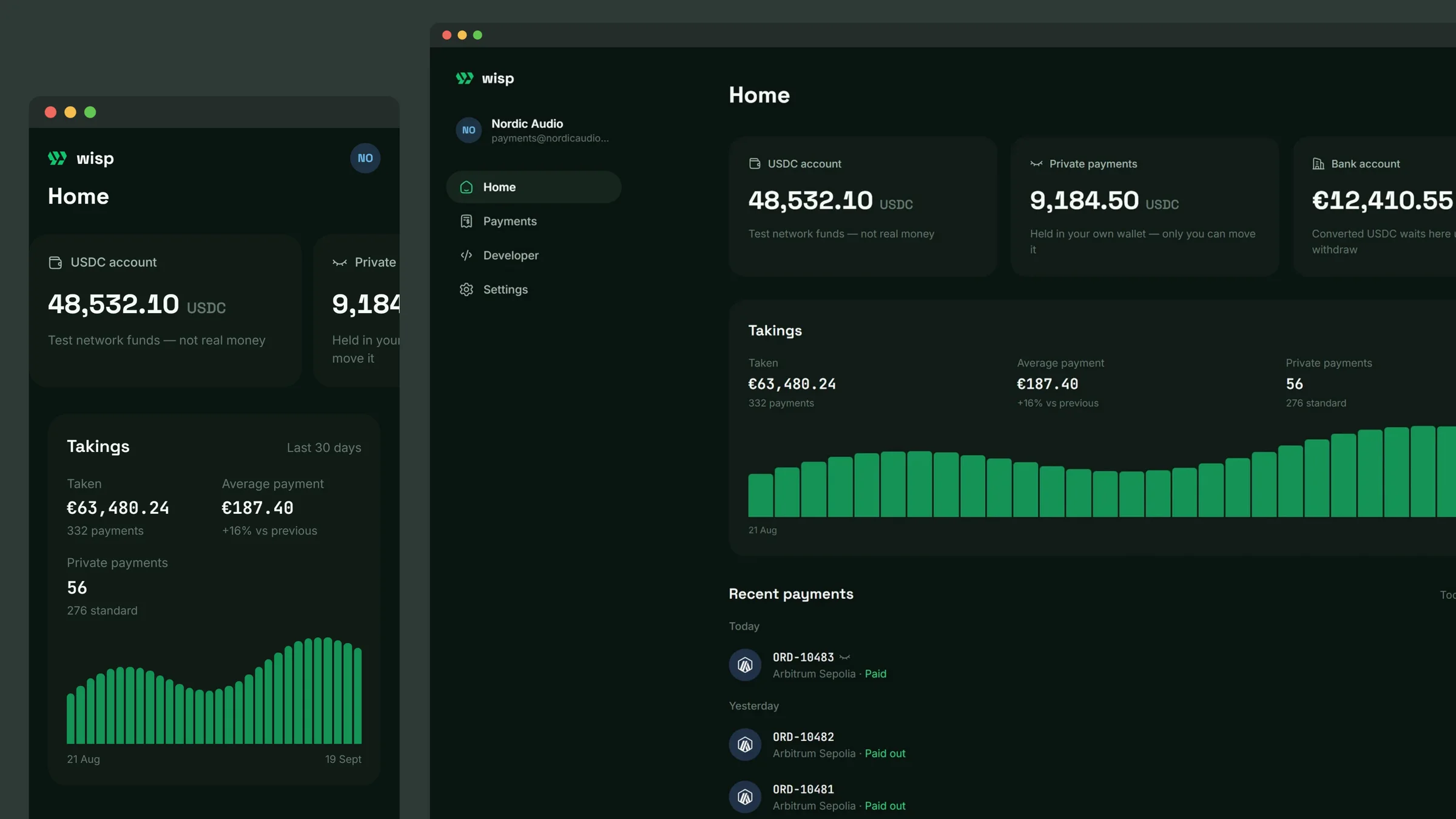 Merchant home on a laptop and a phone: the USDC account, private payments and bank account, takings for the last 30 days, and recent payments